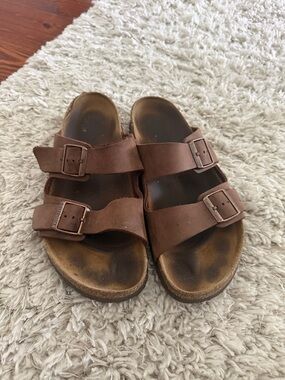 Birkenstock Brown Leather Double-Buckle Slide Sandals